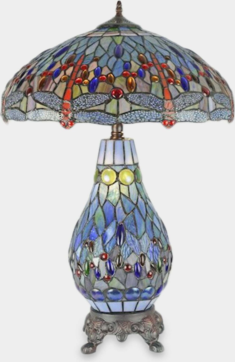 Lampa stołowa rzezbyzbrazu Lampa Witrażowa w Stylu Tiffany ze Świecącą Podstawą Ważka Niebieska