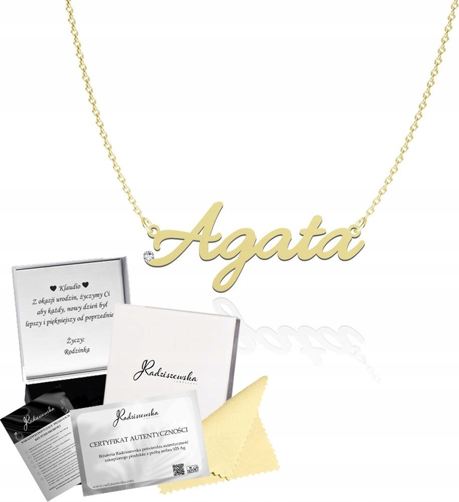 Radziszewska Jewellery Złoty Naszyjnik z Imieniem AGATA Łańcuszek SREBRO 925 DEDYKACJA GRATIS