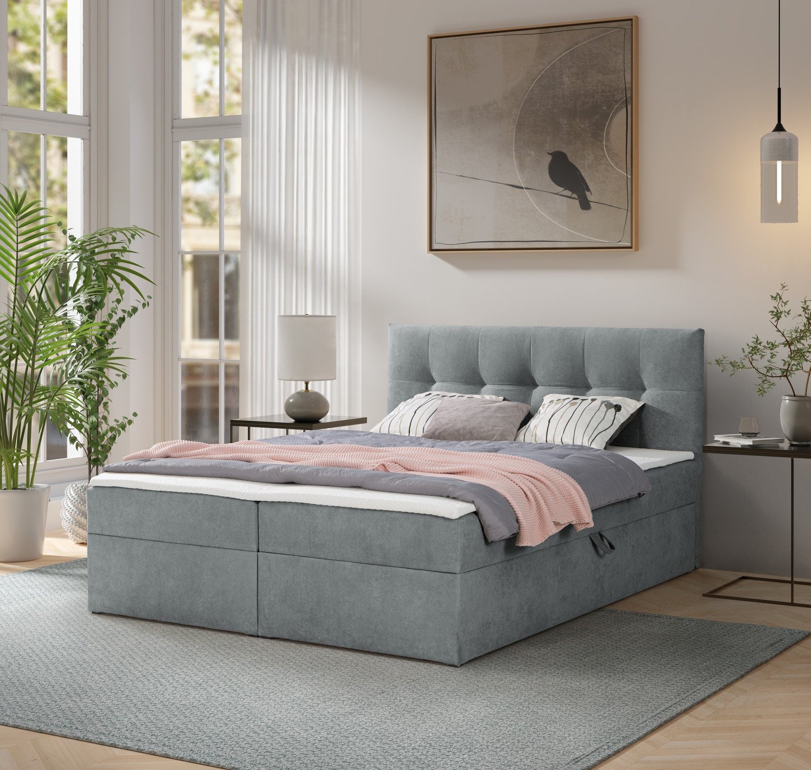 Łóżko kontynentalne Toronto 180200 (Gerra 70 - Popielaty) z materacem bonell i topperem