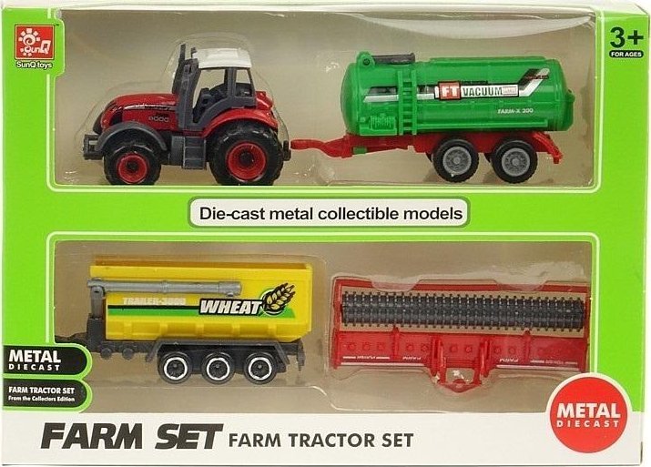 Traktor metalowy z 3 maszynami rolniczymi