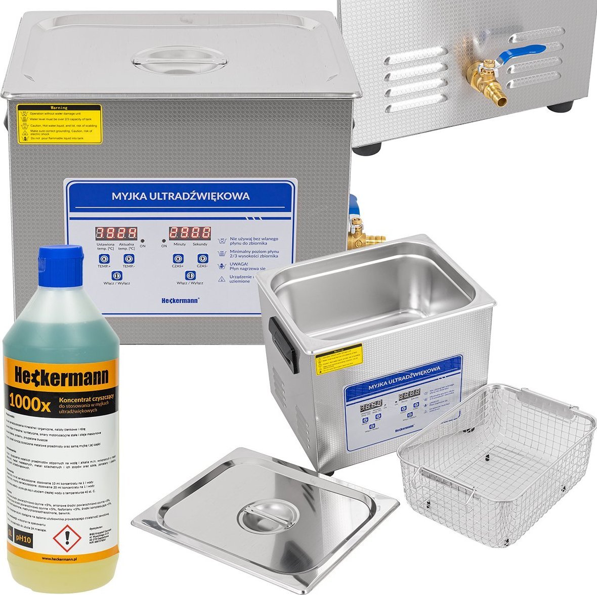 Heckermann HECKERMANNMYJKA ULTRADŹWIĘKOWA WANNA 10L 200W+240W + KOSZ JP-040S 10L + PŁYN 1L