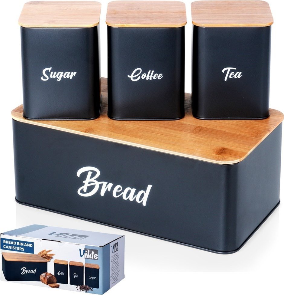 Chlebak Vilde Zestaw Chlebak z Pojemnikami Deską Metalowy Bambusowy Czarny VILDE 4 el.