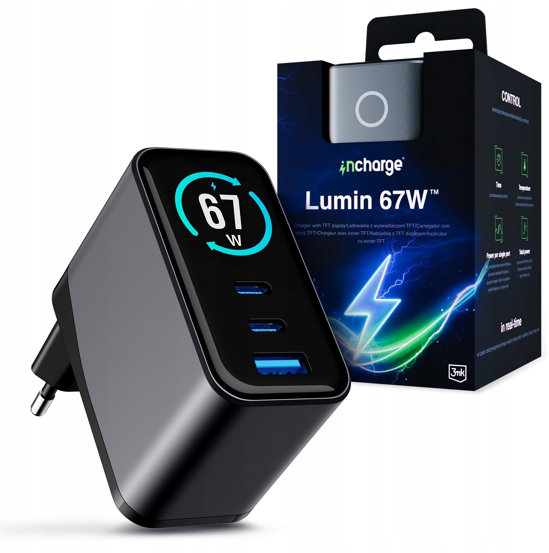 Ładowarka sieciowa 3MK InCharge Lumin PD 67W QC4+ PPS AFC FCP SCP USB-A 2xUSB-C TFT z wyświetlaczem czarny