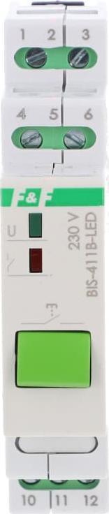 F&F Przekaźnik bistabilny z przyciskiem do sterowania ręcznego na szynę DIN z przekaźnikiem inrush 160A/20ms BIS-411B-LED