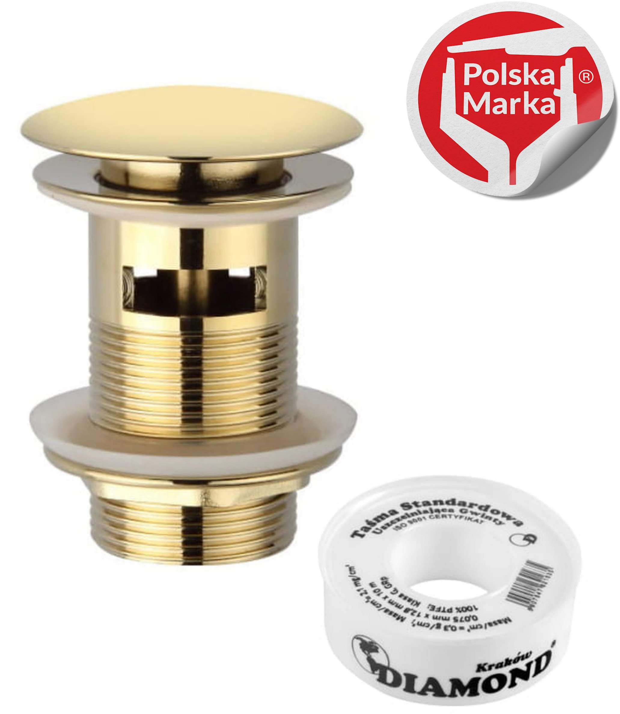 SOTBE Korek umywalkowy typu KLIK-KLAK metalowy przepływowy. Kolor złoty