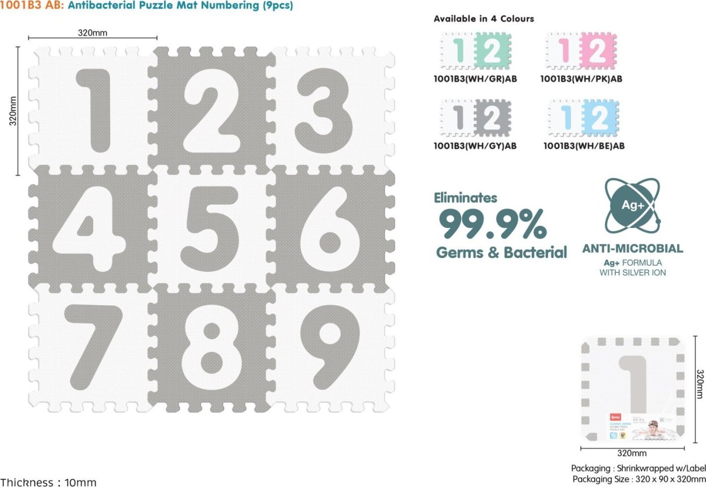Mata biało-szara z 9 Puzzli dla dzieci 10m+ Wyjmowane cyfry litery + Pianka EVA + Powłoka antybakteryjna Ag+
