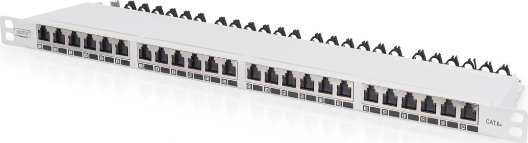 Digitus Digitus Panel krosowy (patch panel) high density 19'' 24x RJ45, LSA poziom, kat.6A, ekranowany , 0.5U, szary, prowadnica kabli
