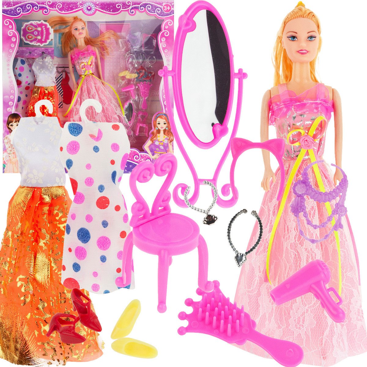 TG71060 LALKA Z AKCESORIAMI GARDEROBA UBRANIA DODATKI LUSTRO KRZESŁO SUSZARKA UBRANIA