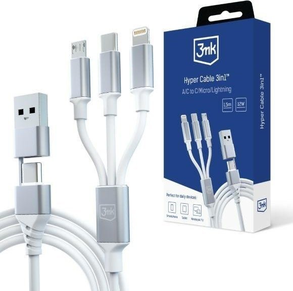 Kabel USB 3MK USB-A + USB-C - USB-C + microUSB + Lightning 1.5 m Biały (5903108541237)