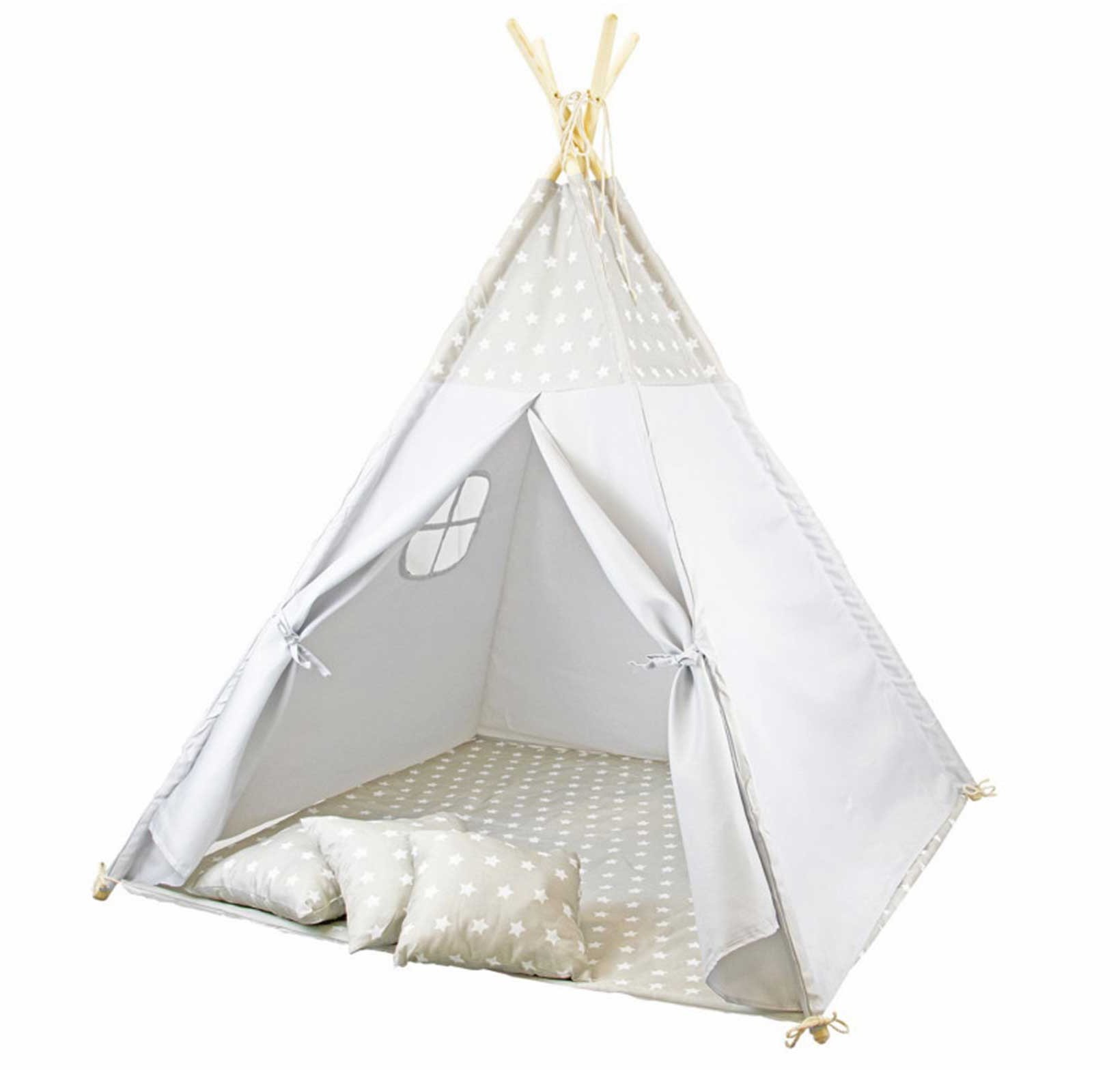 Szare tipi dla dzieci w gwiazdki z 3 poduszkami i okienkiem