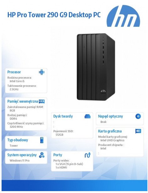 hp inc. Komputer 290 Tower G9 i5-14400 512GB/8GB/W11P B6ZB1ET