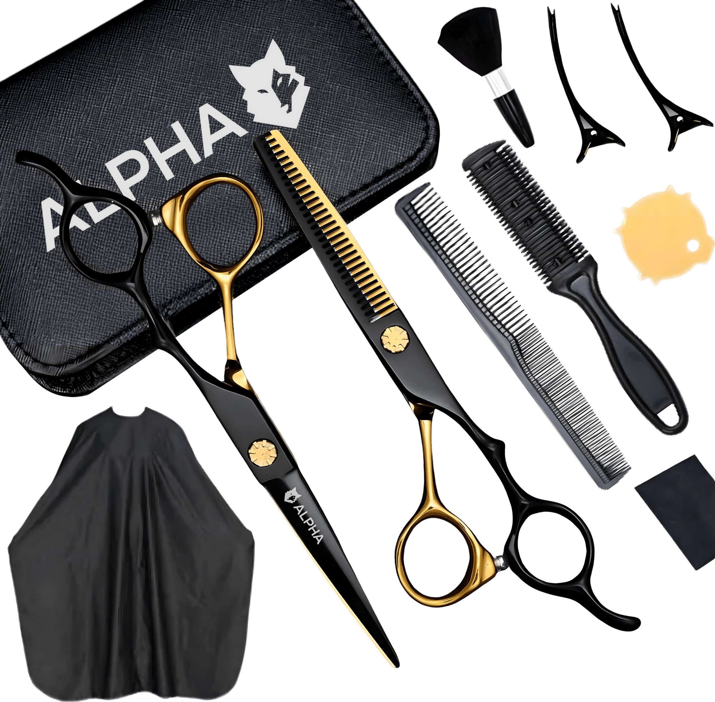 Alpha ZESTAW FRYZJERSKI XXL PROFESJONALNE NOŻYCZKI DEGAŻÓWKI PELERYNA ALPHA