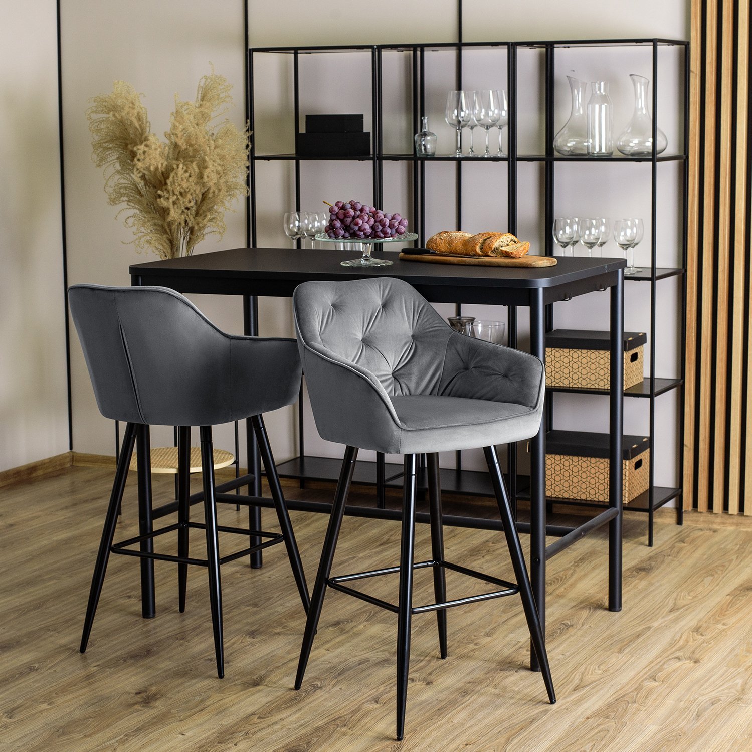 Mebel Elite Krzesło Barowe Tapicerowane Hoker SALEM Szare Welurowe Nowoczesne Loft