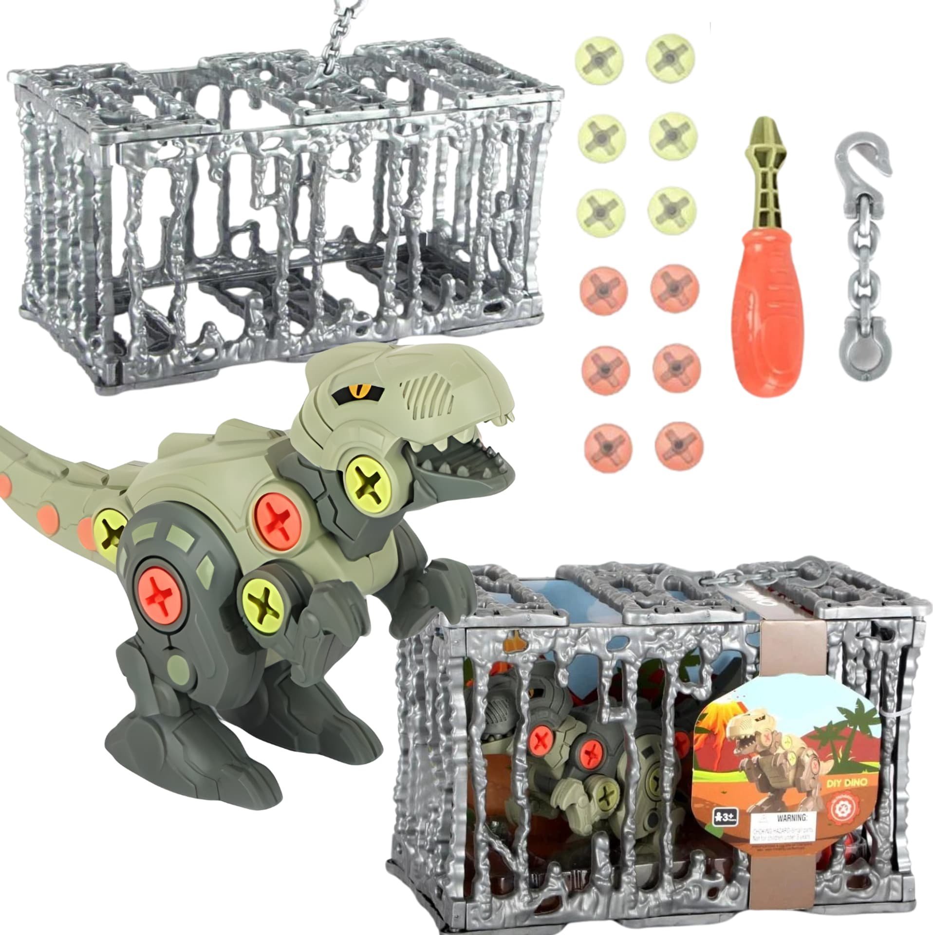 ProNice ZESTAW DINOZAUR DO SKRĘCANIA TYRANOZAUR ŚRUBOKRĘT KLATKA DO ZAWIESZENIA