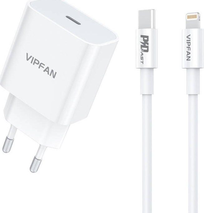 Kabel USB Vipfan Ładowarka sieciowa Vipfan E04, USB-C, 20W, QC 3.0 + kabel Lightning (biała)