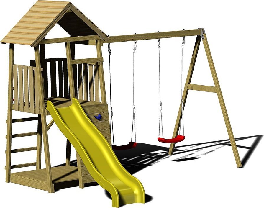 Wendy Wendi Toys drewniana wieża do zabawy pingwin Zawiera zjeżdżalnię, ściankę wspinaczkową, 2 huśtawki i piaskownicę Natura 280x340x270cm