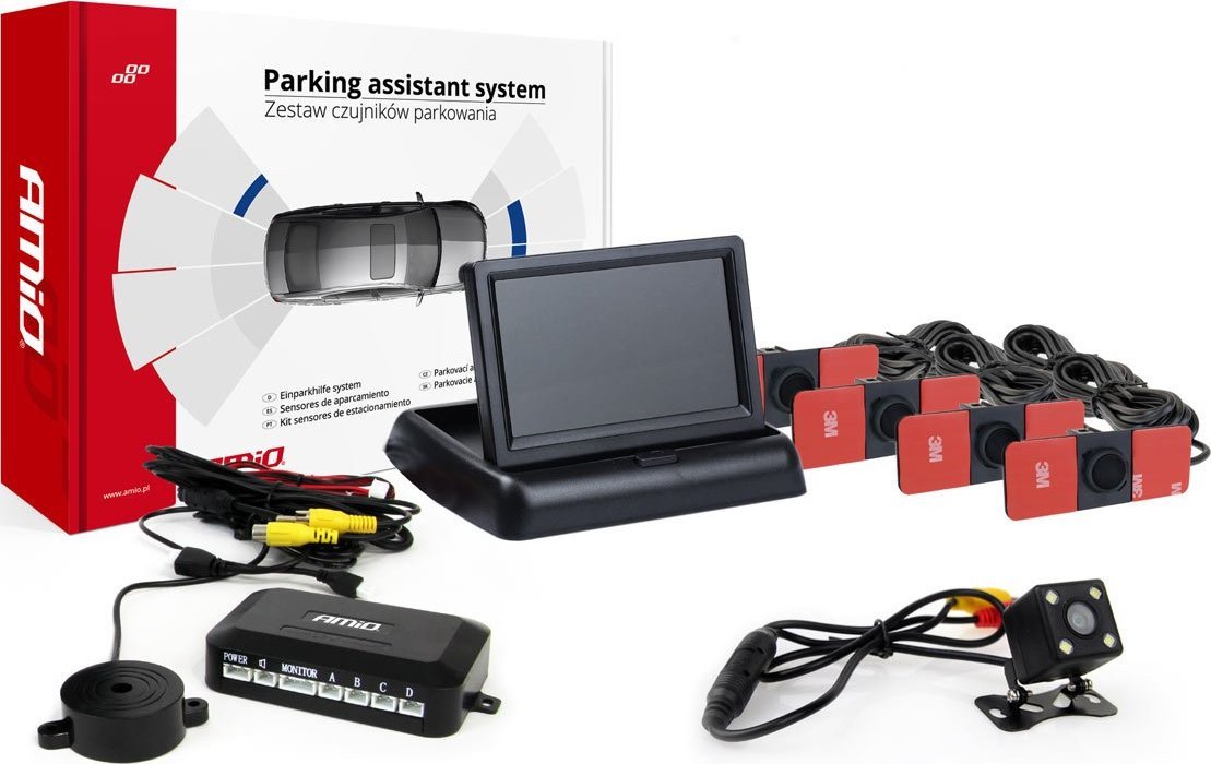 AMiO Zestaw czujników parkowania tft02 4,3" z kamerą hd-315-led 4 sensory czarne wewnętrzne