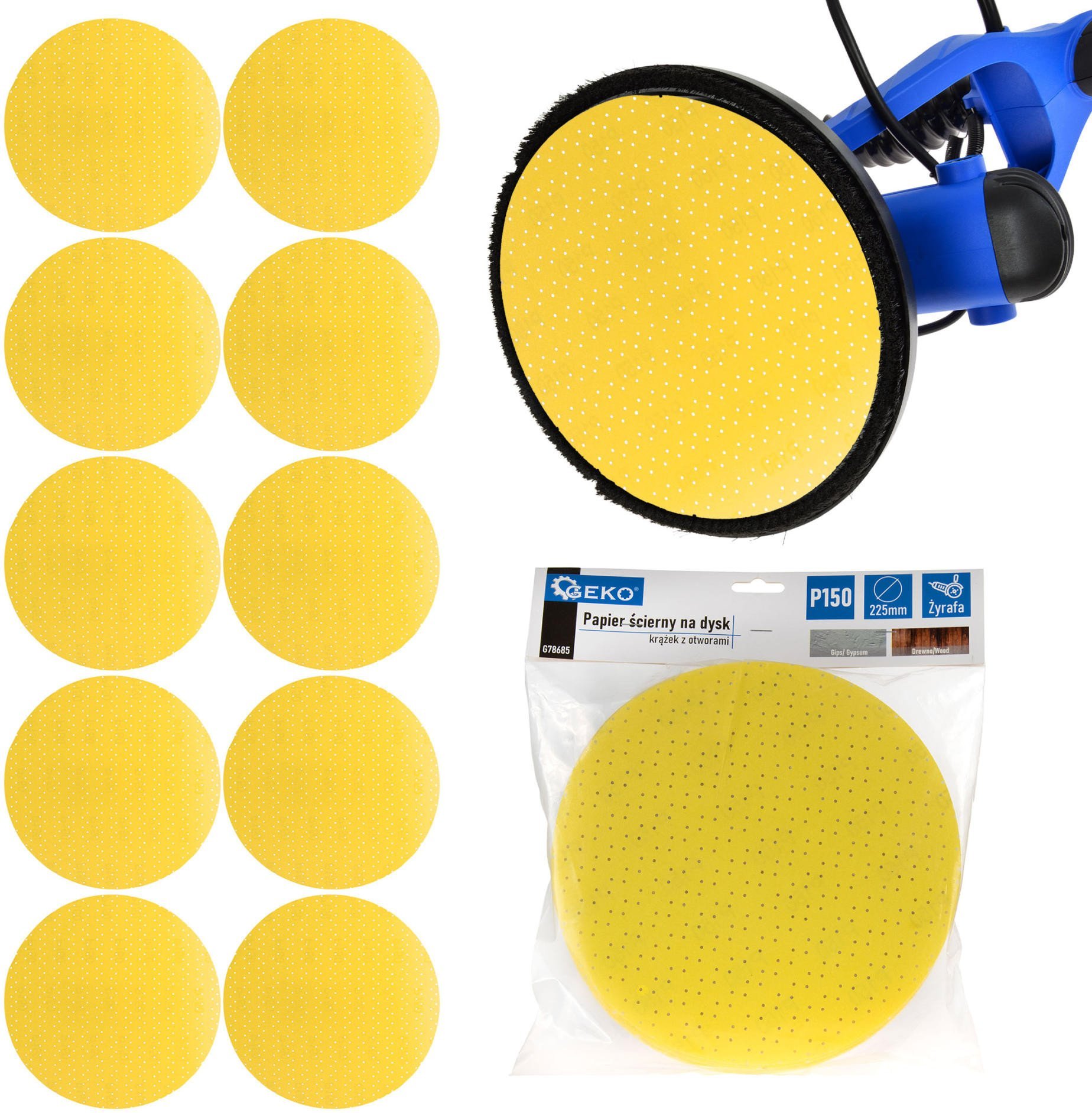 Geko Papier ścierny na dysk – krążek z otworami 225mm P150 /żyrafa (10/100/500)