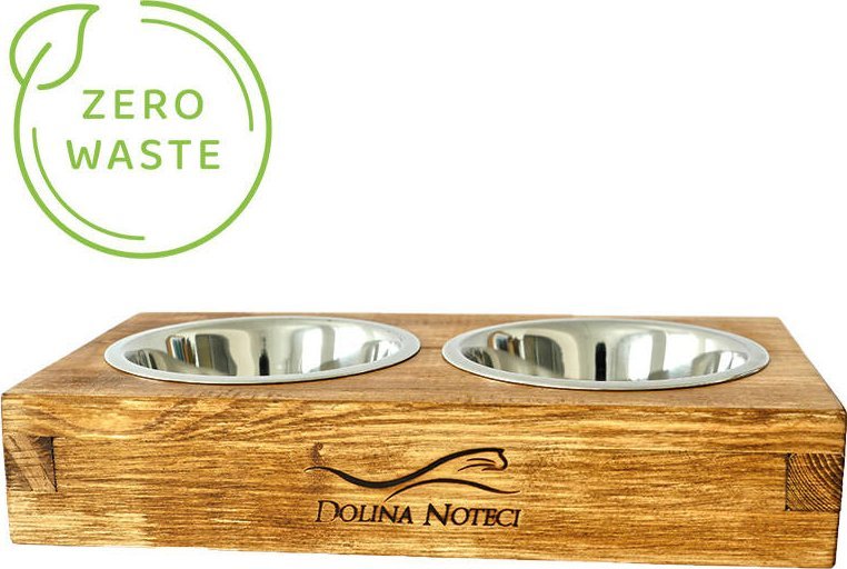 Podwójna miska dla psa lub kota 0,9 l w stylowym drewnianym stojaku z logo Dolina Noteci