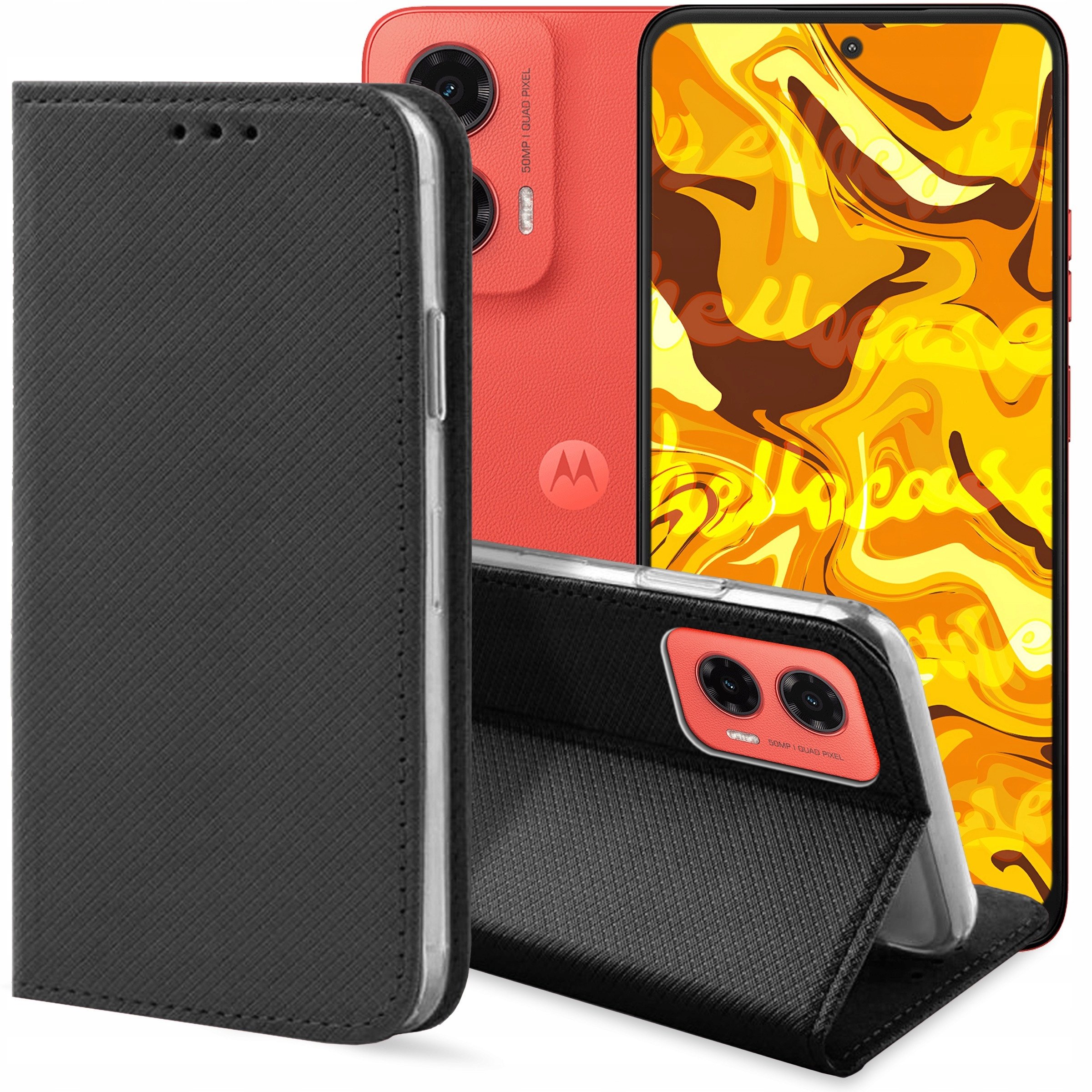 ETUI Z KLAPKĄ DO MOTOROLA MOTO G35 CZARNE ZAMYKANE MAGNETYCZNE KABURA FLIP