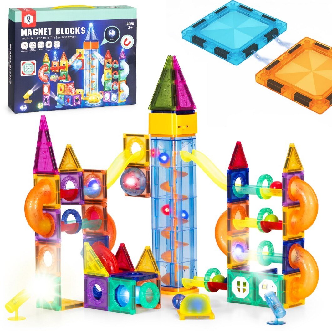 Klocki magnetyczne świecące konstrukcyjne tor kulkowy kulodrom 134 elementy EDUKAMP