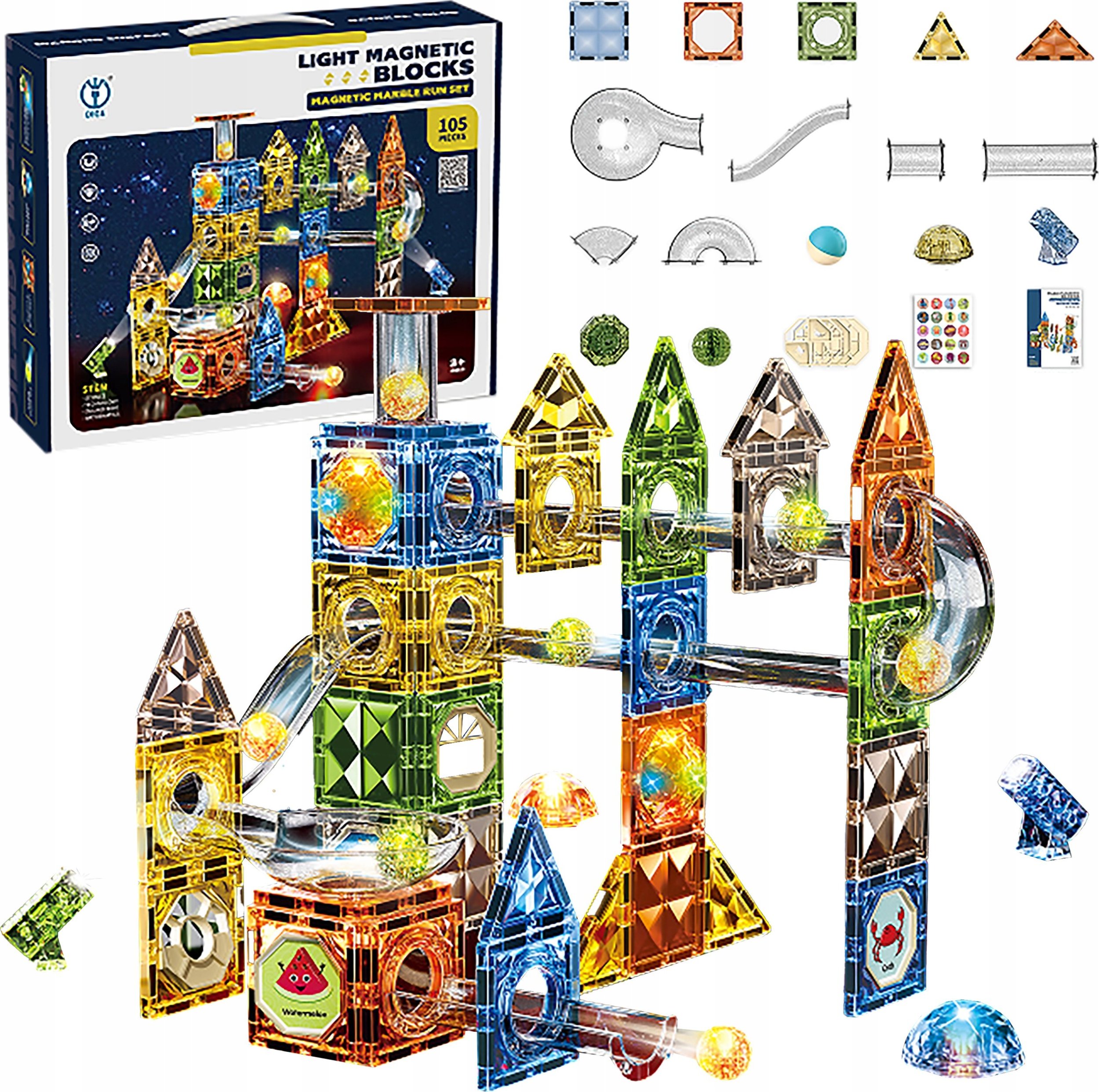 Klocki Magnetyczne Konstrukcyjne TOR KULKOWY Świecące Elementy 105 El. Kulodrom