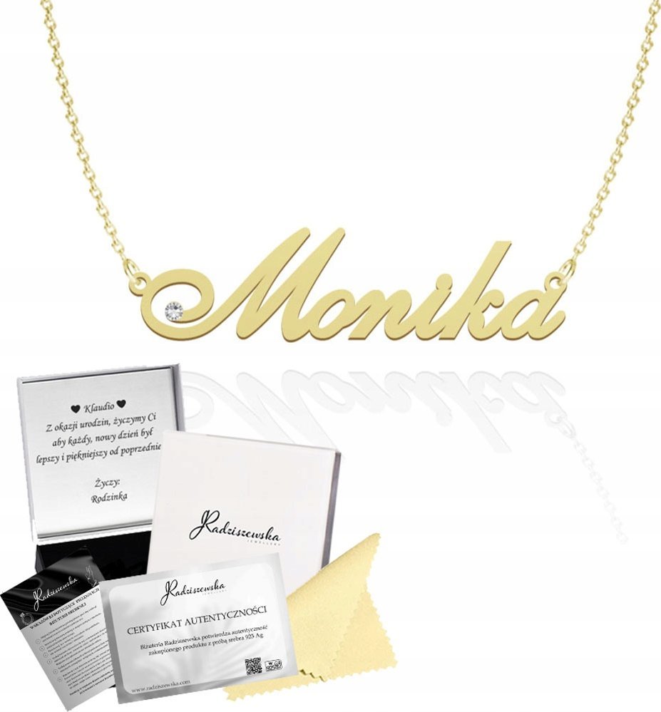 Radziszewska Jewellery Złoty Naszyjnik z imieniem Monika SREBRO 925 Prezent ŻYCZENIA GRATIS