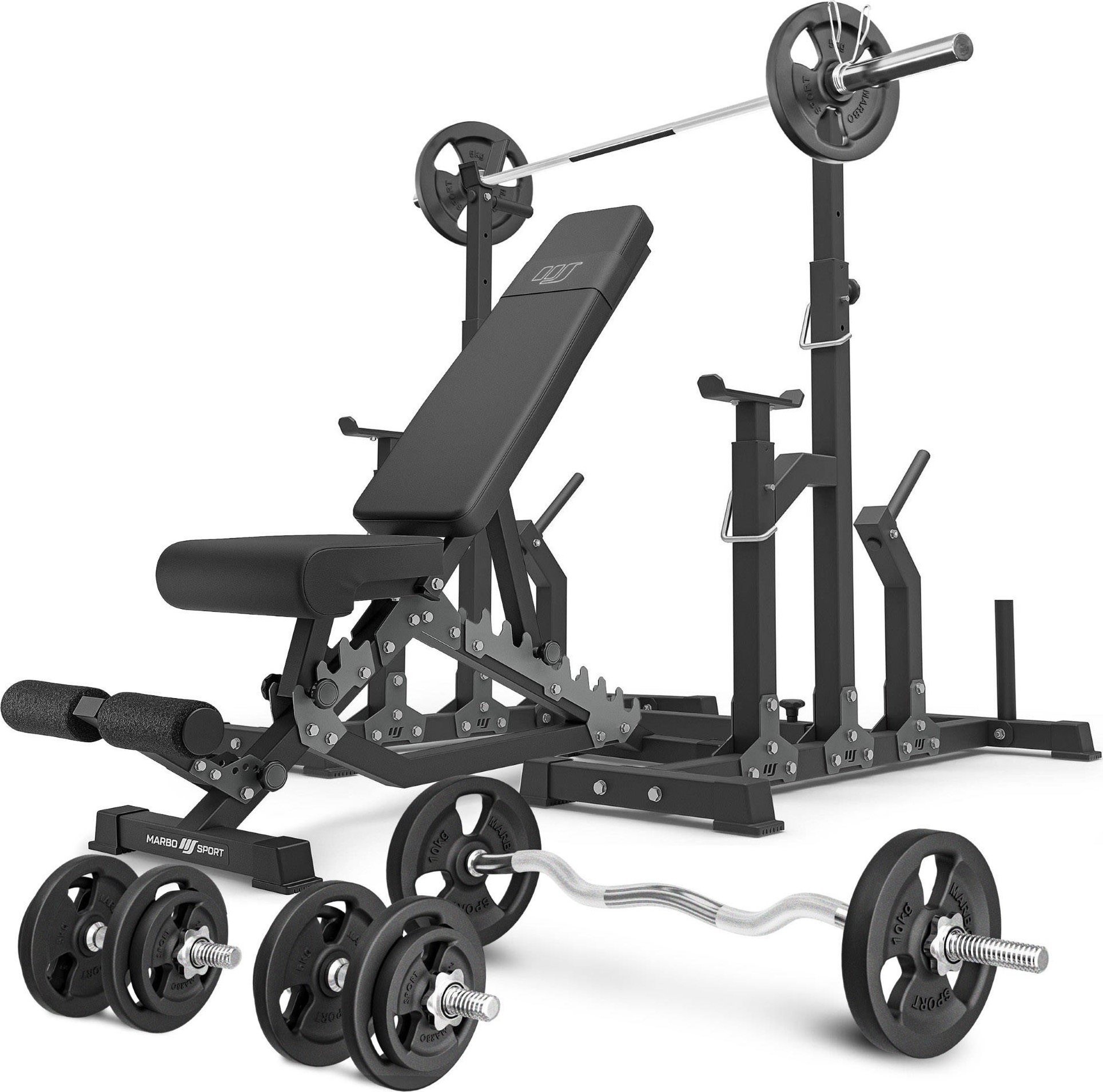Zestaw MS2_2.0_83KG | Ławka dwustronna + stojaki regulowane + zestaw gryfów i obciążeń 83 kg- Marbo Sport