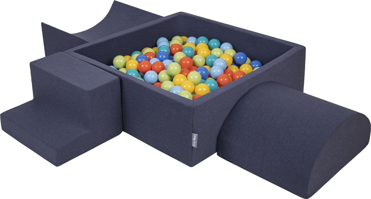 KiddyMoon KiddyMoon Piankowy plac zabaw PPZP-KW30D-134 z piłeczkami granatowy: jasny zielony-pomarańcz-turkus-niebieski-babyblue-żółty basen 300/rampa