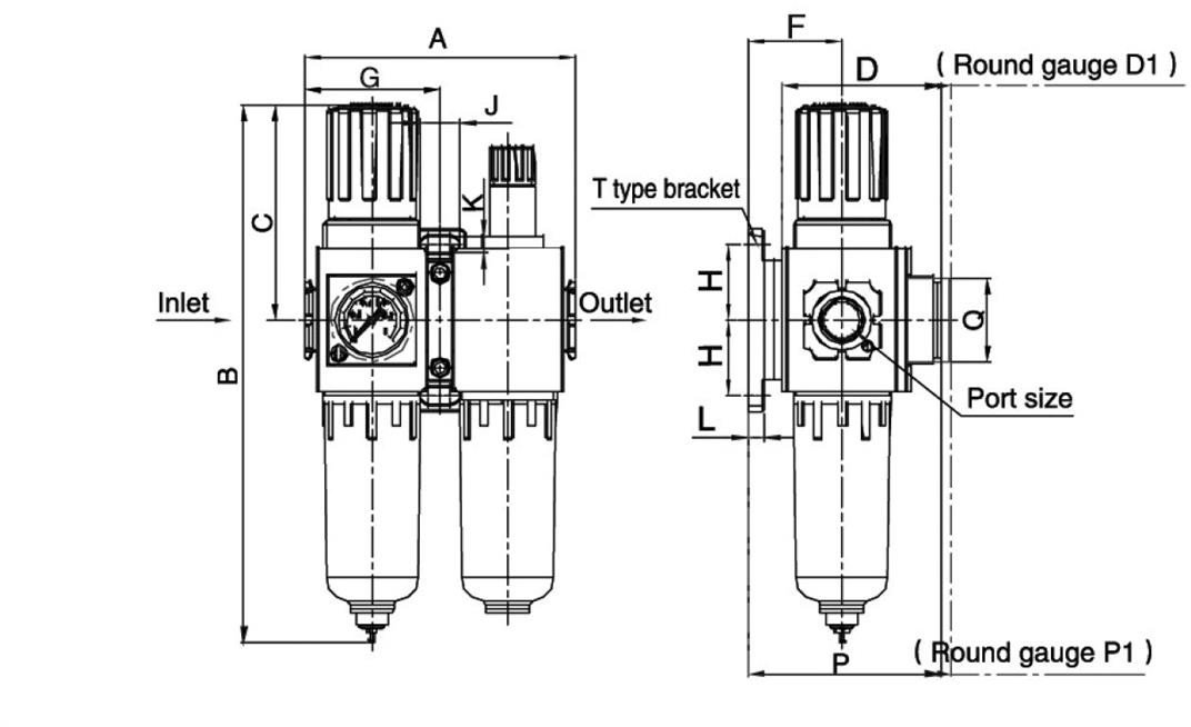 Blok przygotowania powietrza G 1/8 GW do 10 bar, regulacja 1,5-9 bar, 5 um