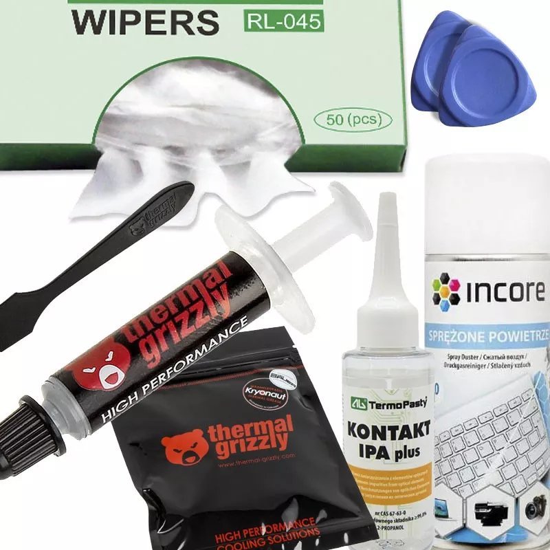 Mikrusy Pasta Thermal Grizzly Aeronaut + Alkohol IPA + Ściereczki + Otwieraki + Sprężone powietrze