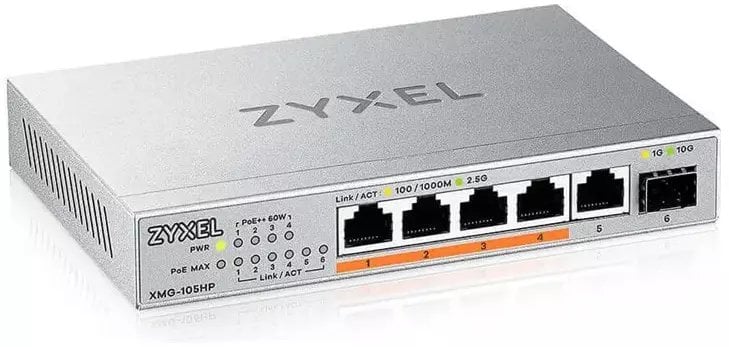 ZYXEL XMG-105 5 PORTS 2,5G + 1 SFP+, 4 PORTS 70W TOTAL POE++ DESKTOP MULTIGIG UNMANAGED DESKTOP SWITCH