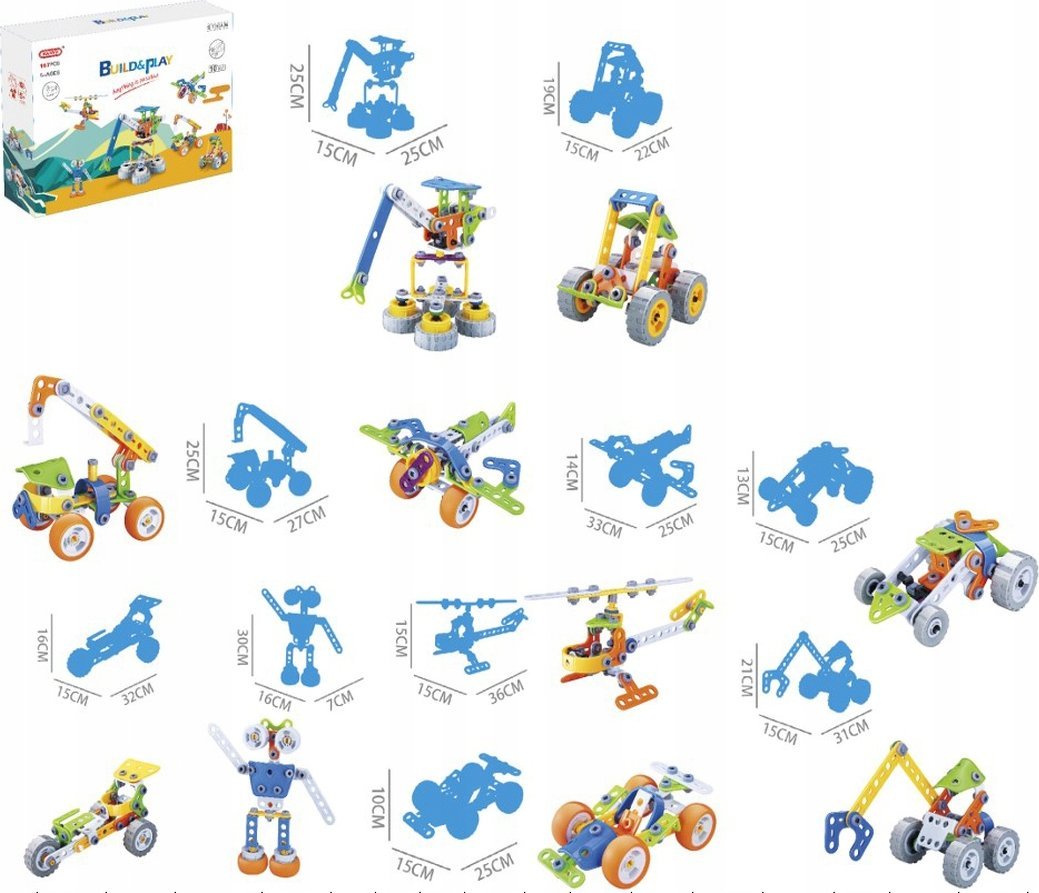 Klocki Konstrukcyjne, Elastyczne 167 El. Pojazdy Budowlane, Auto, Wyścigówka, Samolot, Robot Do Rozkręcania I Skręcania 10w1