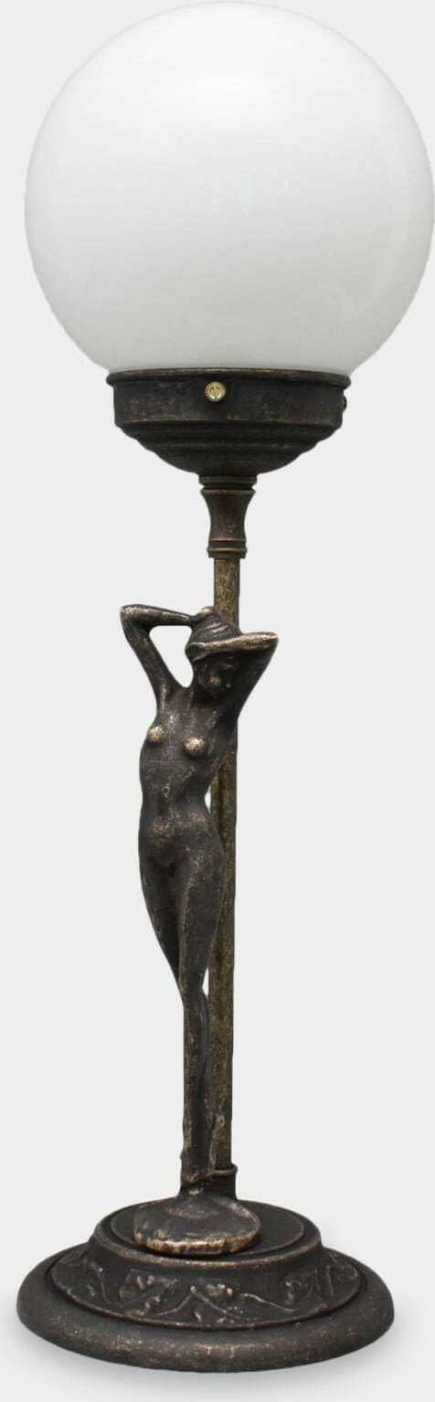Lampa stołowa rzezbyzbrazu Lampa Art Deco z Figurą Kobiety Vintage