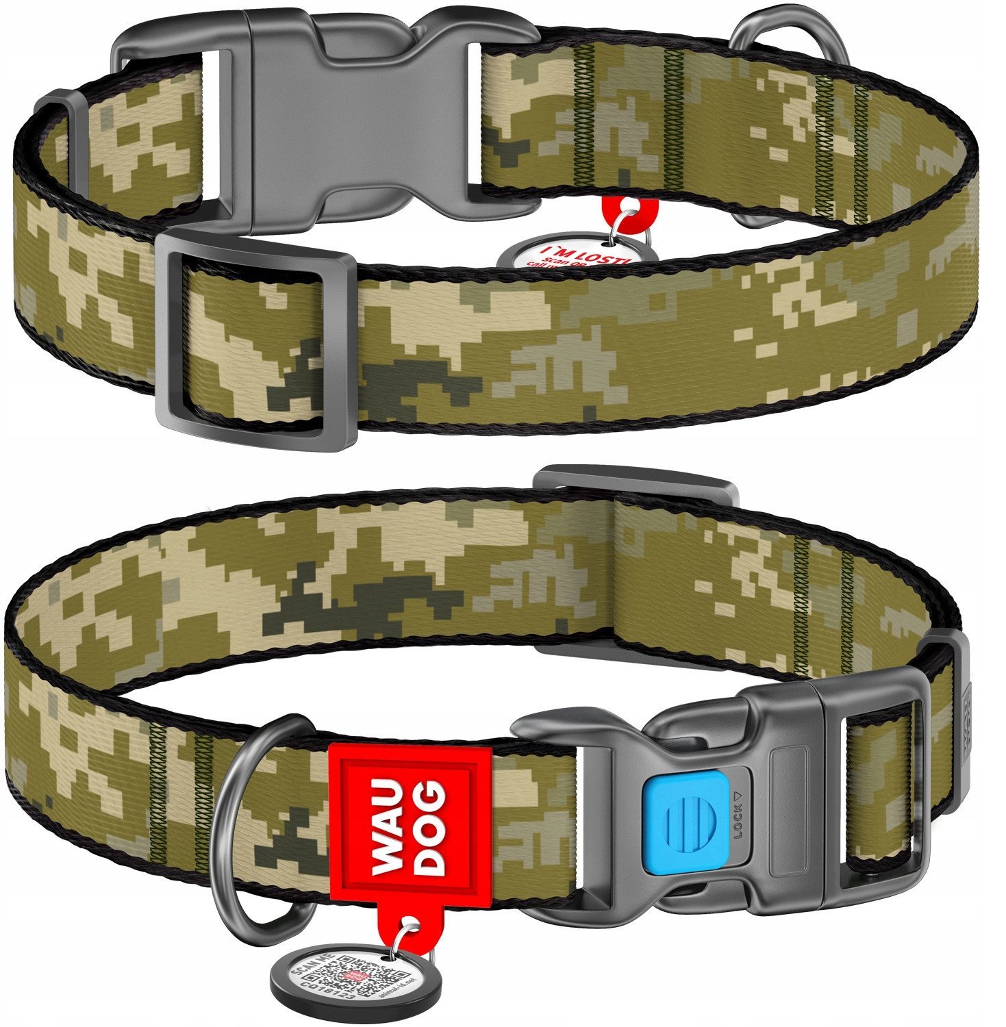 Collar WauDog Nylon Obroża nylonowa z QR-paszportem, plastikowy fastex, wzór MILITARY, L 25mm/33-49cm