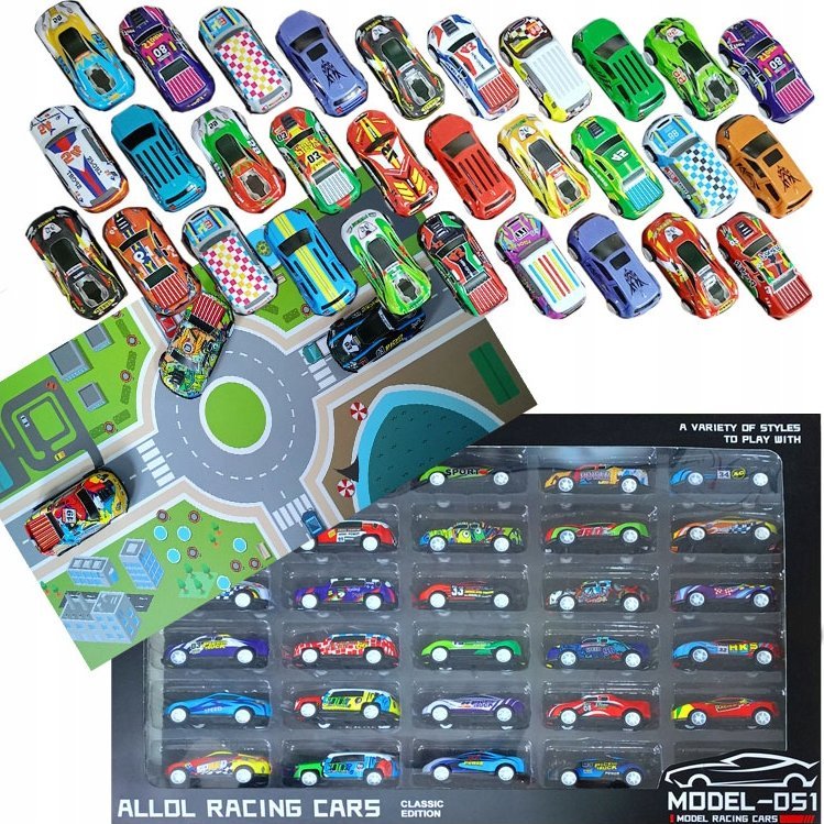 Samochodziki Resoraki Z Napędem Metalowe Autka Dla Dzieci 30 Sztuk + Mapa