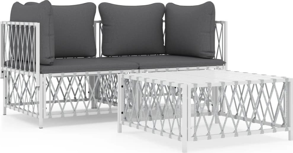vidaXL 3-cz. zestaw wypoczynkowy do ogrodu, z poduszkami, biały, stal