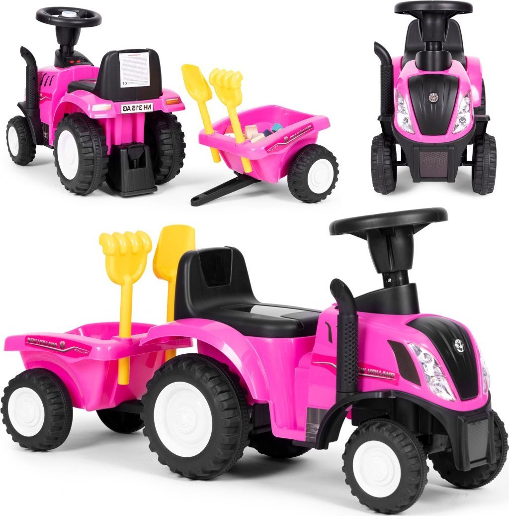 Multistore Jeździk traktor New Holland z przyczepką interaktywna kierownica dźwięki dla dzieci różowy