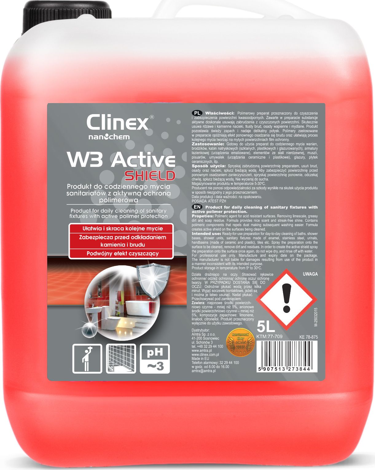 Clinex Preparat do mycia łazienki ubikacji usuwa rdzę kamień osady z mydła CLINEX W3 Active SHIELD 5L Preparat do mycia łazienki ubikacji usuwa rdzę k