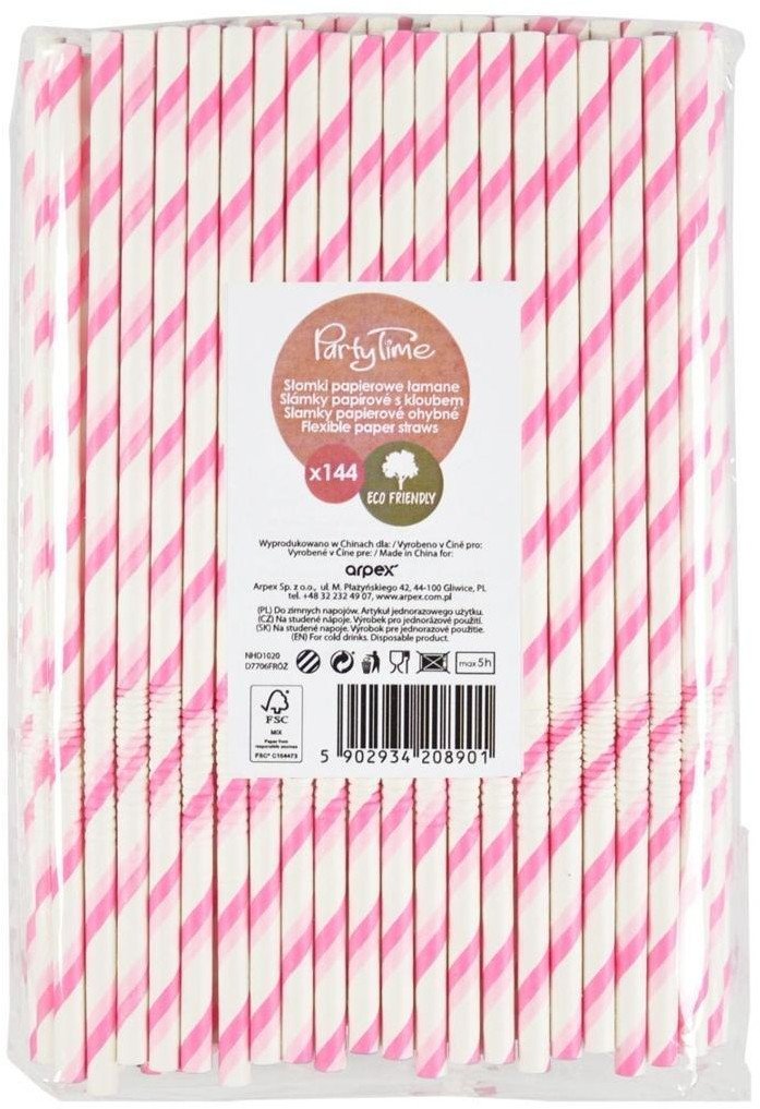 Słomki papierowe łamane różowe 144szt