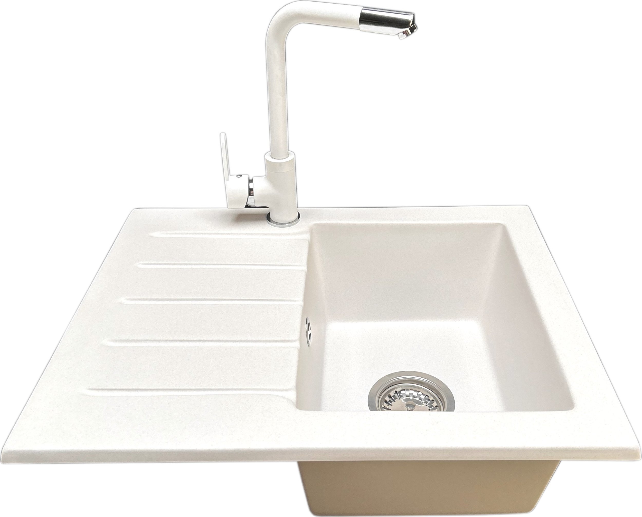 Zlewozmywak PREHNIT Zlewozmywak jednokomorowy z ociekaczem ARAGON biały z lewym ociekaczem + bateria MOVE