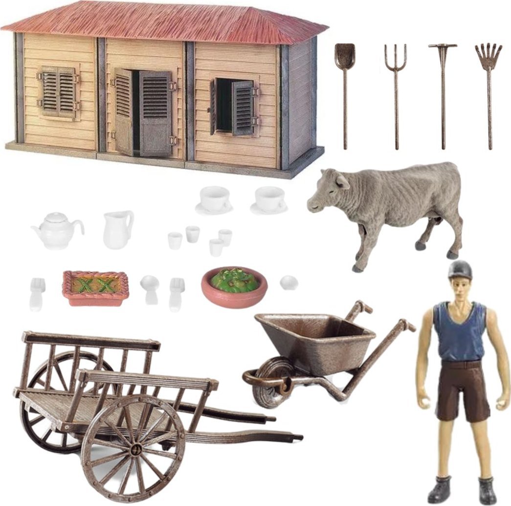 DUŻY ZESTAW FARMA RANCZO GOSPODARSTWO DOMEK DO ZŁOŻENIA ROLNIK KROWA WÓZEK