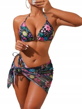 Damski 3-częściowy strój kąpielowy z kolorowymi kwiatami spódniczka M