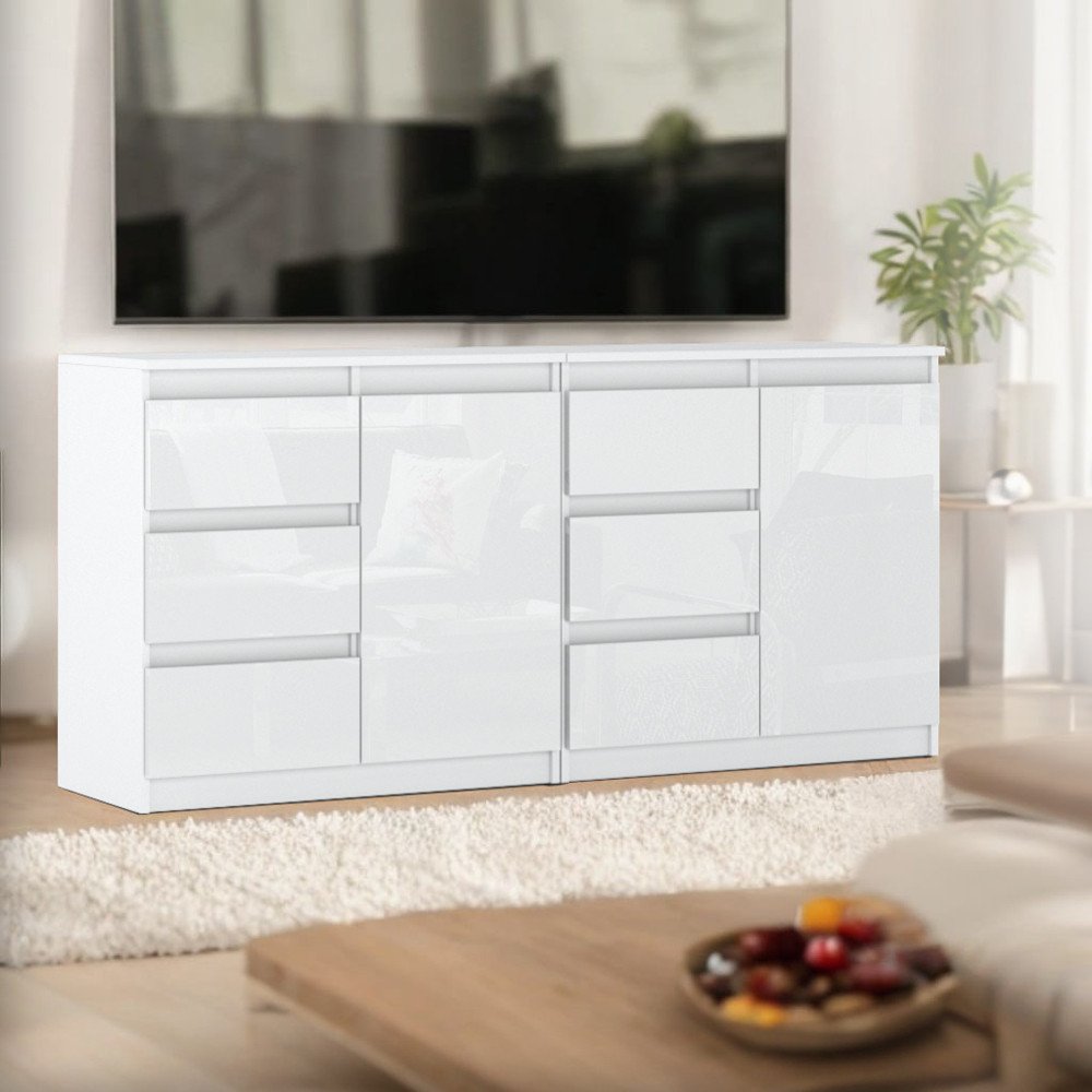Komoda Biała Połysk Szafka Glamour 6 Szuflad Duża 160cm Nowoczesna Salon