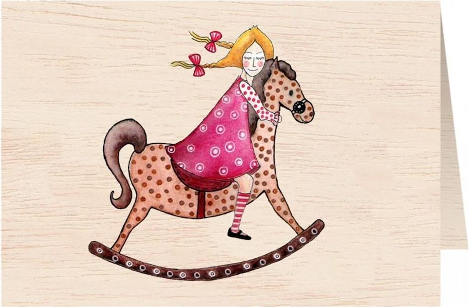Cozywood Karnet drewniany C6 + koperta Dziewczynka na konik