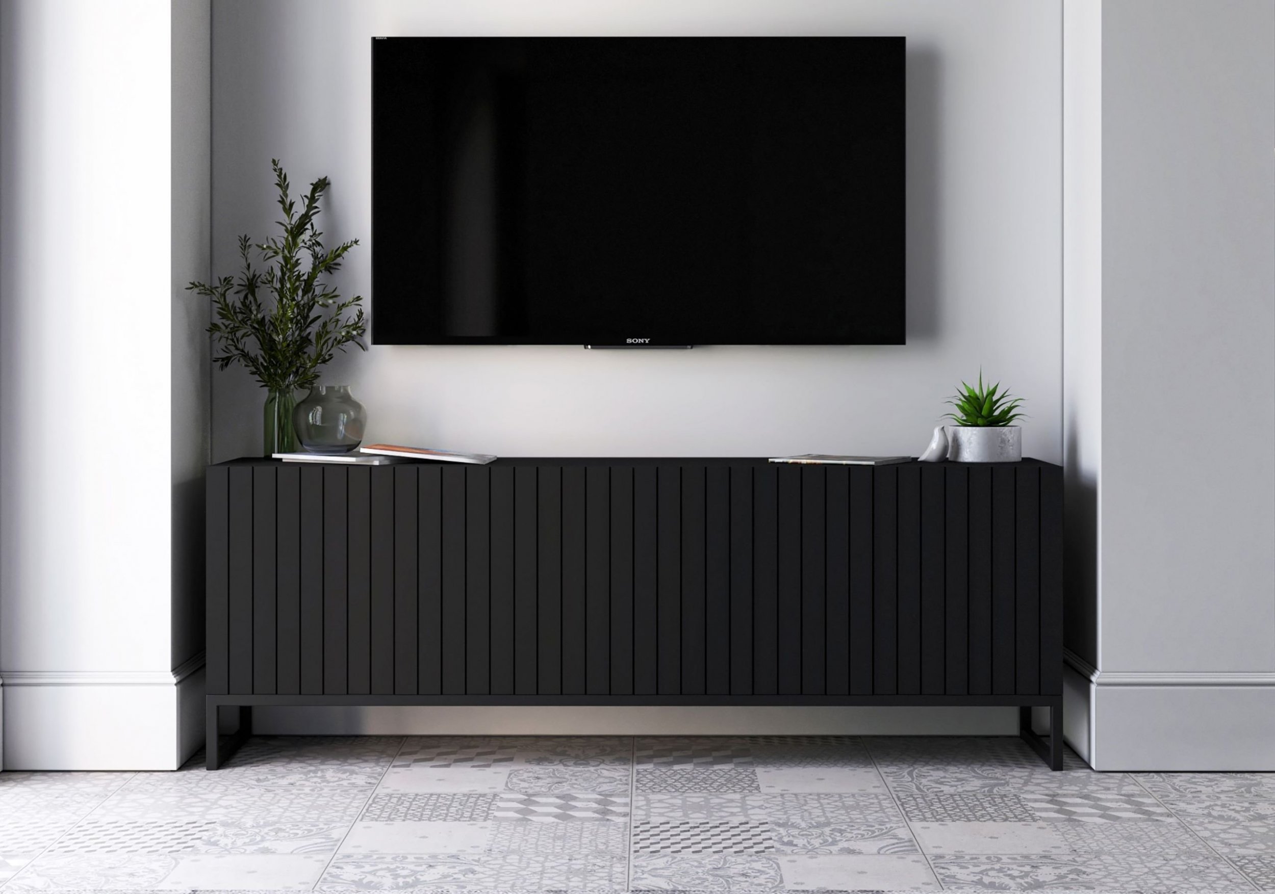 Meble Lindner Szafka RTV Komoda RTV Czarny MAT Glamour 150 cm Czarna Metalowa rama Loft MAT