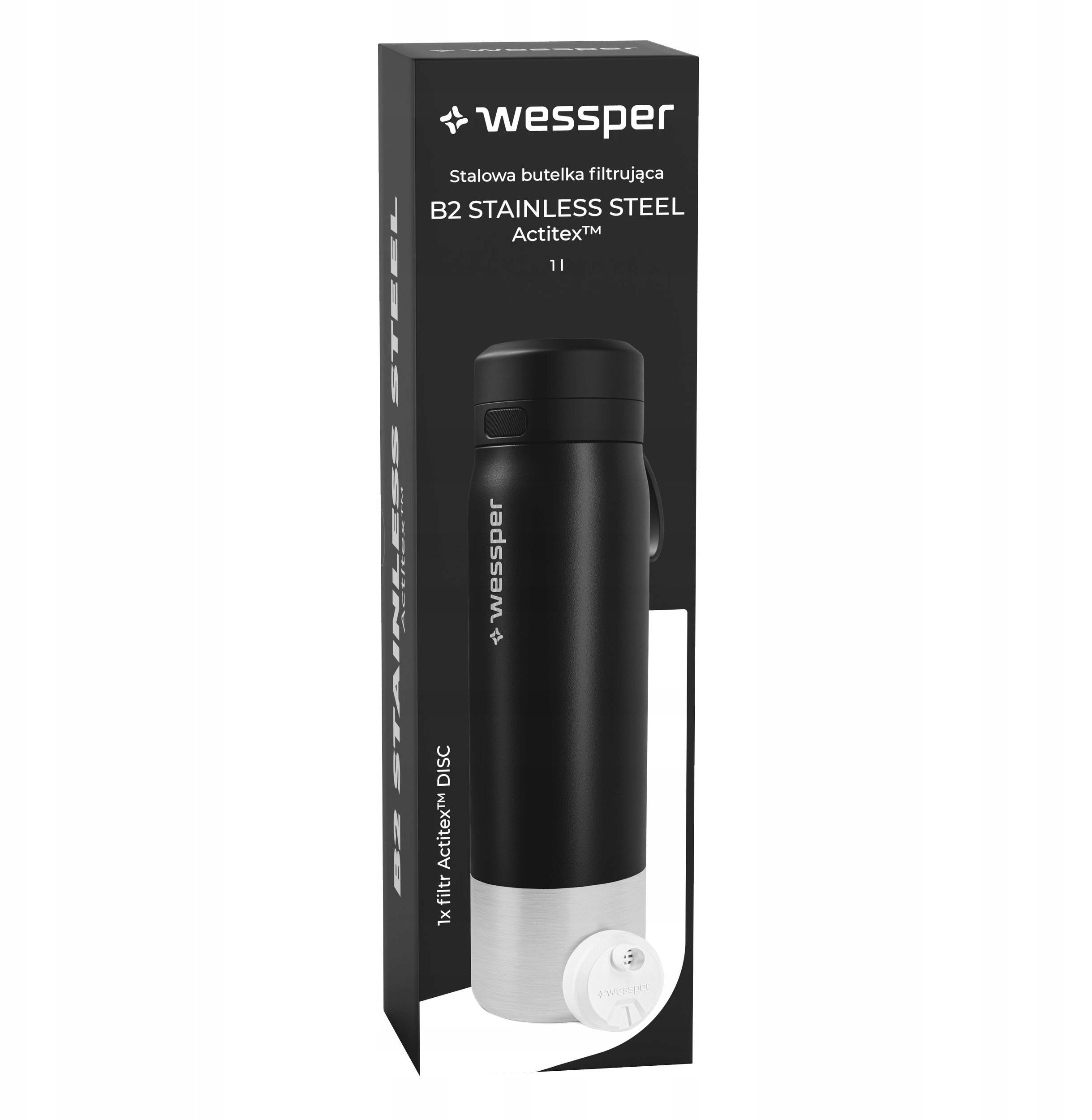 Butelka filtrująca Wessper B2 STAINLESS STEEL Actitex™ 1000ml Black (WES276-1000-BK_K)