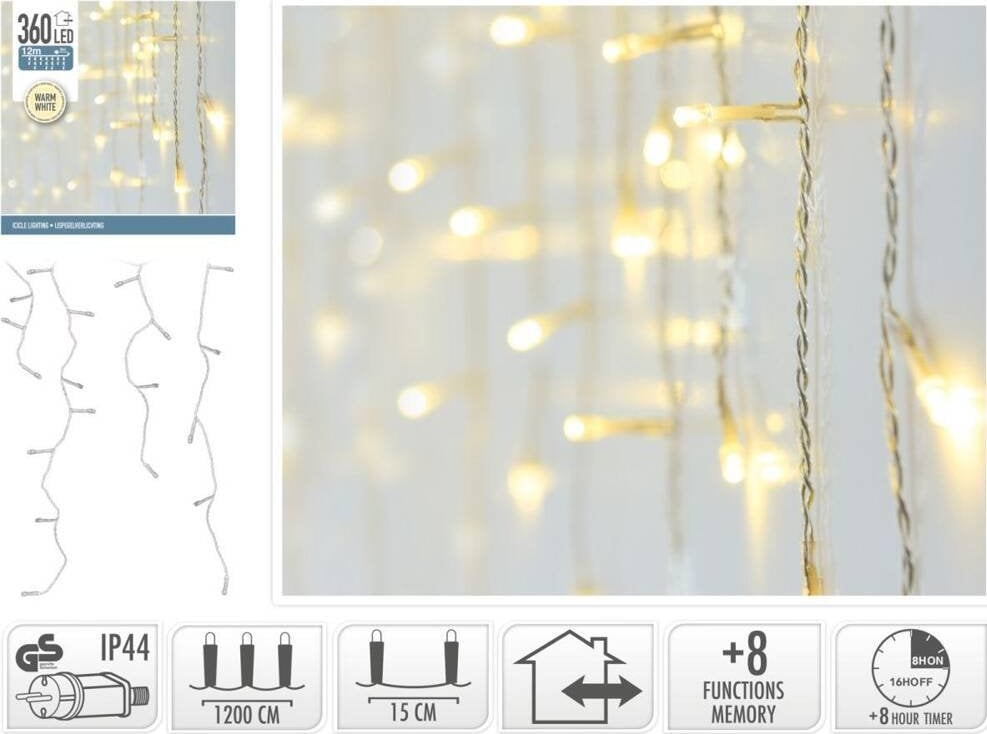Koopman LAMPKI CHOINKOWE KURTYNA ŚWIETLNA ZEW 360 LED STEROWNIK TIMER CIEPŁY BIAŁY KABEL TRANSPARENTNY
