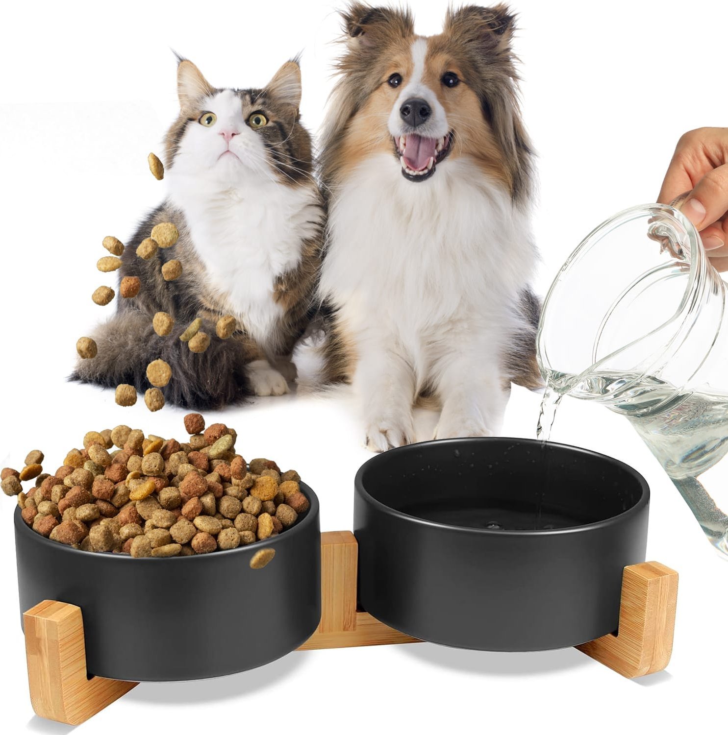 Mersjo Miska ceramiczna podwójna drewniana GERDA czarna 2x400ml