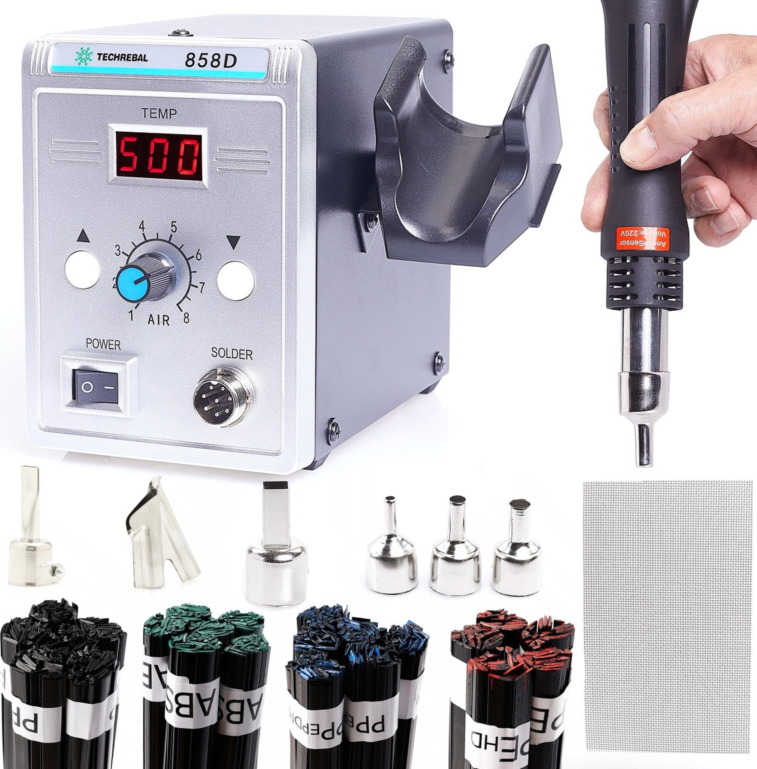 Spawarka do Plastiku Stacja Lutownicza 858D Zestaw 7 Dysz Spoiwa Mix Siatka